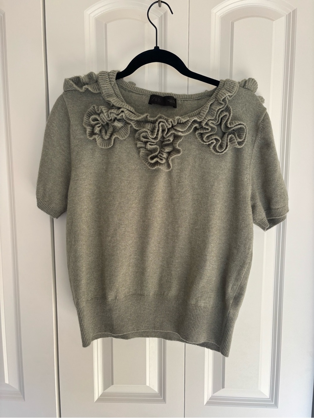 Zara  Ruffle-Trim Short Sleeve Sweater in Sage